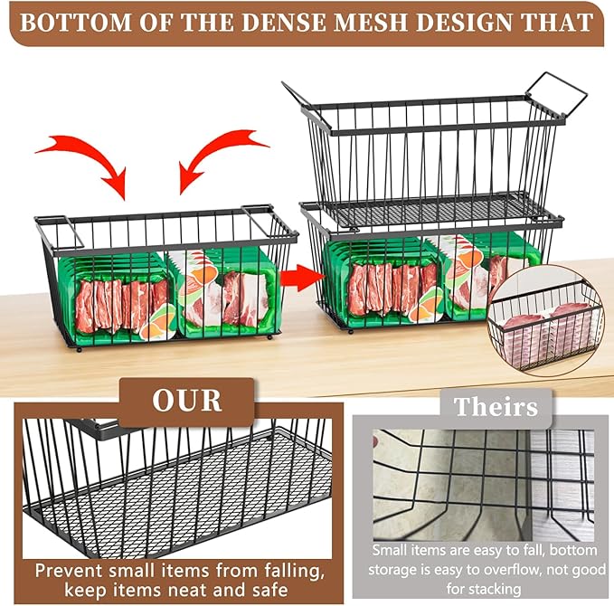 Enhanced Leak-Proof Bottom - Freezer Organizer Bins ，6 Pack Stackable Deep Freezer Organizer Bins for 7 Cu.FT Small Chest Freezer，Easy Get Bottom Foods without Digging