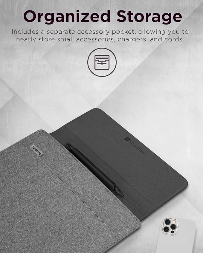 Lenovo Slim Laptop Sleeve 16 Inch Notebook/Tablet - Compatible with MacBook Air/Pro - Eco-Friendly Lightweight Case with Accessory Pocket & Magnetic Closure - Grey