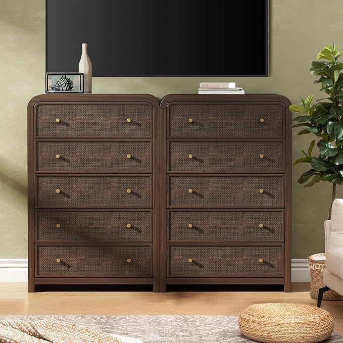 Oak&Sparrow 5 Drawer Tall Dresser for Bedroom, 47'' Rattan Dresser with Ample Storage, Boho Chest of Drawers, Thickened Curved Profile Design, Dark Walnut Dressers for Bedroom, Living Room