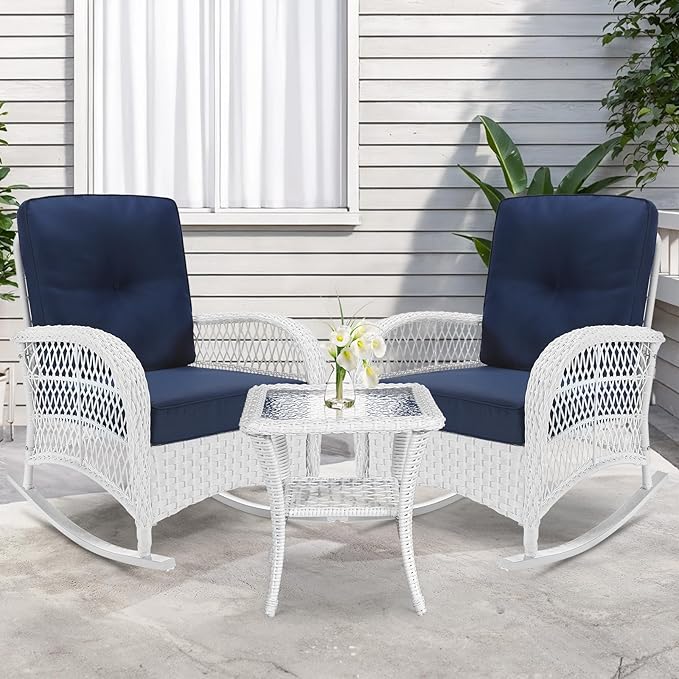 VIVIJASON 3-Piece Outdoor Conversation Bistro Set, Patio Wicker Rocking Chairs Rattan Furniture Sets w/ 2 Rattan Chairs, Cushions, Glass Top Side Table for Garden Porch Backyard (White/Navy Blue)