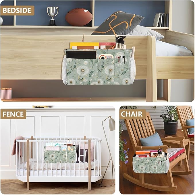 Sage Green Dandelion Bedside Caddy for Dorm Bed Bedside Hanging Caddy Bag Iron Frame Storage Organizer Pocket for Bunk Home College Hospital Beds 2 Hooks