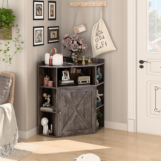 Corner Storage Cabinet, Farmhouse Corner Bookshelf with Storage 6-Cubby Wooden Cabinet with USB Ports and Outlets Industrial Organizer for Small Space, Study, Playroom, Living Room