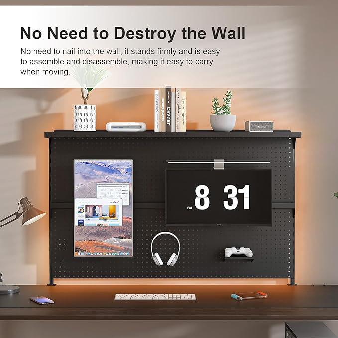 KEIKI Metal Pegboard Desk Organizer with Dual Monitor Stand, 59" x 35" Large Desk Peg Board with Hooks & Movable Panel, Office Organization and Storage Shelf for Gaming or Workstation Setup, Black