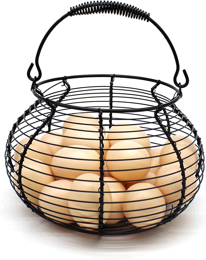 CVHOMEDECO. Elegant Wire Egg Basket with swimming Handle Primitives Vintage Gathering Basket. Black