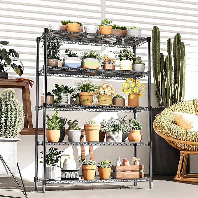 48" W Storage Shelves 5-Tier Wire Shelving, 1875LBS Adjustable Metal Shelving with 5 Shelf Liners, Heavy Duty Steel Wire Rack for Garage Commercial Pantry Kitchen, 48" W x 18" D x 72" H, Black