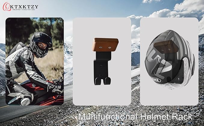 Helmet Holder Wall Mount, Motorcycle Gear Rack with 2 Key Hooks, Constructed with Solid Wood & Strong Steel for Bike Tactical Gear Baseball Football Skiing Helmet (1)