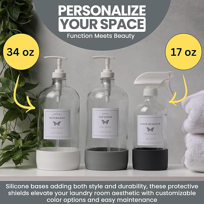 Glass Laundry Detergent Dispenser Set w/Silicone Base, 34 oz Laundry Pump Dispensers x 2, 17 oz Laundry Dispenser x 1 for Liquid Detergent/Stain Remover, Concentrated Laundry Detergent Dispenser