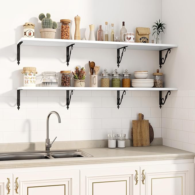 Fun Memories 55 Inch Floating Shelves, Long Floating Shelves Wall-Mounted, 12 Inch Deep Bookshelf with Bracket, 55" W x 12" D Shelves for Wall Display & Storage, White, Set of 2