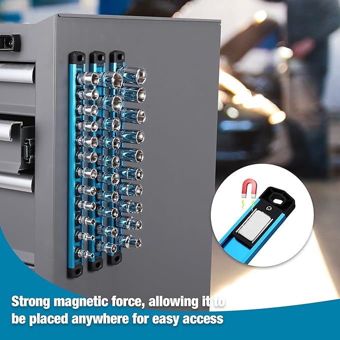 WORKPRO Magnetic Socket Organizer, 1/4-Inch Drive Aluminum Alloy Socket Rail, Heavy Duty Socket Holder, Socket Rack Kit 1/4-Inch x 12 Clips Sky Blue (Socket not Included)