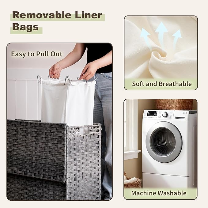 Laundry Hamper with Lid, 130L (34.4 Gal) Rattan Laundry Hamper 3 Section with 50L(13.2 Gal) Storage Shelf, Wicker Woven Laundry Sorter Basket with 4 Liner Bags and Handles, Natural GLH003N
