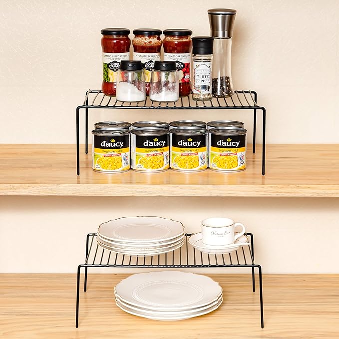 iPEGTOP Kitchen Cabinet Storage Shelf Rack, Set of 2 Large (15.7 x 9.4 Inch) Rustproof Metal Wire Shelves Spice Shelf Rack Cupboard Organizer for Pantries Countertops Utensils Organization, Black