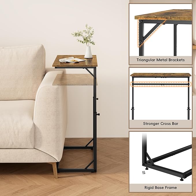 Vagusicc C Shaped End Table, Tall Side Table for Couch, C-Table End Table Adjustable Height Side Tables, Large Surface Sofa Tables TV Tray, Slide Under Couch Tables for Sofa, Living Room,Bedroom,Brown