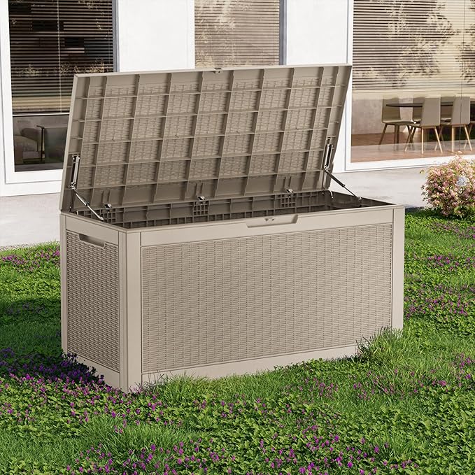 EasyUp 121 Gallon Outdoor Storage Box Waterproof, UV Resistant Resin Deck Box with Hydraulic Rod, Reinforced Stability for Patio, Garden, Quad Leaf Grey