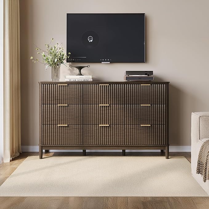 LINSY Fluted Dresser for Bedroom with 9 Drawers, Mid Century Modern Chest of Drawers with Gold Metal Handles, Wide Boho Wood Dressers, Large Farmhouse Storage Cabinet for Bedroom, Living Room, Walnut