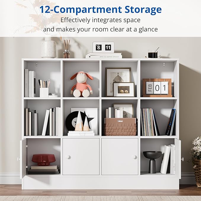 Cozy Castle White Wood Bookcase,12 Cube Storage Organizer Bookshelf with 4 Doors,3 Tier Storage Cabinet with Adjustable Shelves for Bedroom, Living Room, Office