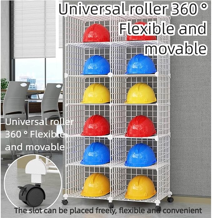 Stackable Safety Helmet Storage Boxes, Large Adjustable Hard Hat Placement Organizer Rack,with Wheels,for Construction Site/Garage/Workshop/Factory Helmet Display Shelf (Black, 4 Grids-1 * 4)