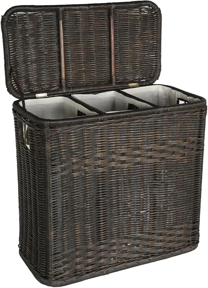 The Basket Lady 3-Compartment Wicker Laundry Sorter Hamper, 30 in L x 15 in W x 28 in H, Antique Walnut Brown