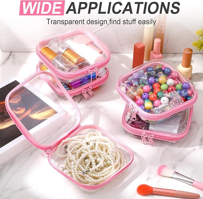 Sanwuta 6 Pcs Clear Hard Zipper Case Hard Plastic Zipper Pouches Transparent Makeup Bag Pencil Pouches for Travel Snacks Christmas Trinket Storage Organizer Box(Pink,5 x 5 x 2 Inch)