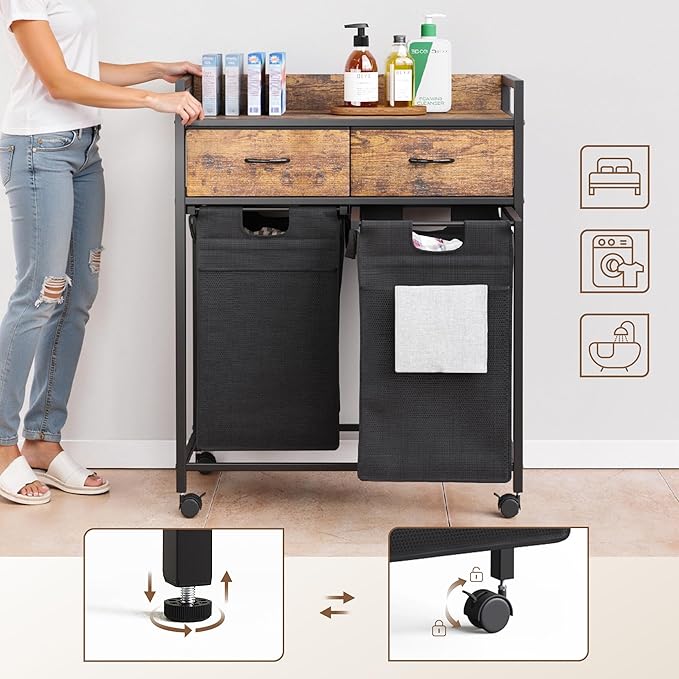 Laundry Hamper baskets 2 Section with 2 Drawers, 100L Laundry Sorter with Wheels Pull-Out Removable Laundry Bags, Rustic Brown and Black