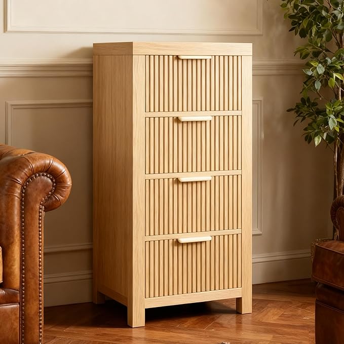 Modern 4-Drawer Solid Wood Dresser with Fluted Front & Gold Handles, Multifunctional Tall Storage Chest, for Hallway, Entryway, Natural