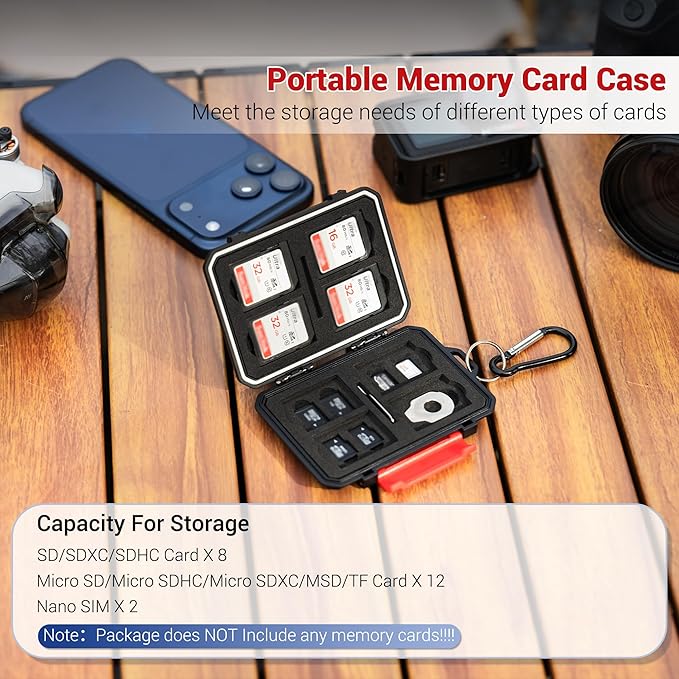 22 Slots SD MicroSD Memory Card Case, IP67 Waterproof Anti-Shock Memory Card Holder for 8 SD SDHC SDXC Cards, 12 MicroSD TF MSD Cards, 2 Nano SIM Storage Carrying Case - Black