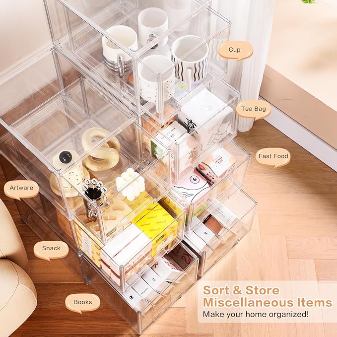 DILIBRA 2 Packs Plastic Stackable Storage Organizer Bins with Pull Out Drawer, Large Clear Acrylic Storage Drawers Container Boxes for Fridge Pantry Shelf Clost Refrigerator Organization and Storage