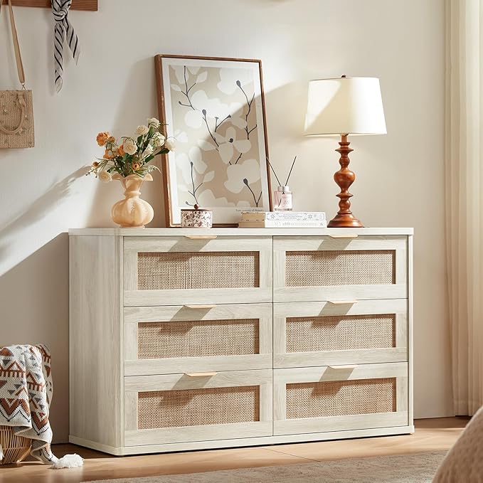 LEYAOYAO Rattan Dresser for Bedroom Set of 2, Boho 48" Wide White Dresser Chest of Drawers, Dressers TV Stand with Metal Handle, Storage Dressers Closet Organizer for Living Room, Hallway