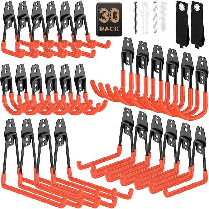 30 Pack Utility Steel Heavy Duty Wall Mount Garage Hooks,with Anti-Slip Coating,for Hanging Bikes,Ladder,Ropes,Bulk Items,Power,Yard and Garden Tools