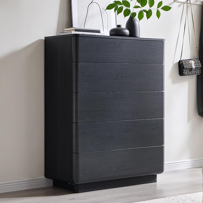 ACCOHOHO Modern 5 Drawer Dresser for Bedroom, 42" Tall Wooden Dressers with Large Storage,Handleless Chest of Drawers for Living Room & Hallway, Curved Profile Design, Black