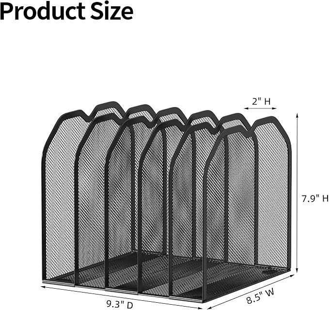 Black 5-Section File Folder Organizer for Desk – Metal Vertical File Holder, Desktop File Organizer Vertical Stand, Letter/A4 Folder Rack, Upright File Sorter