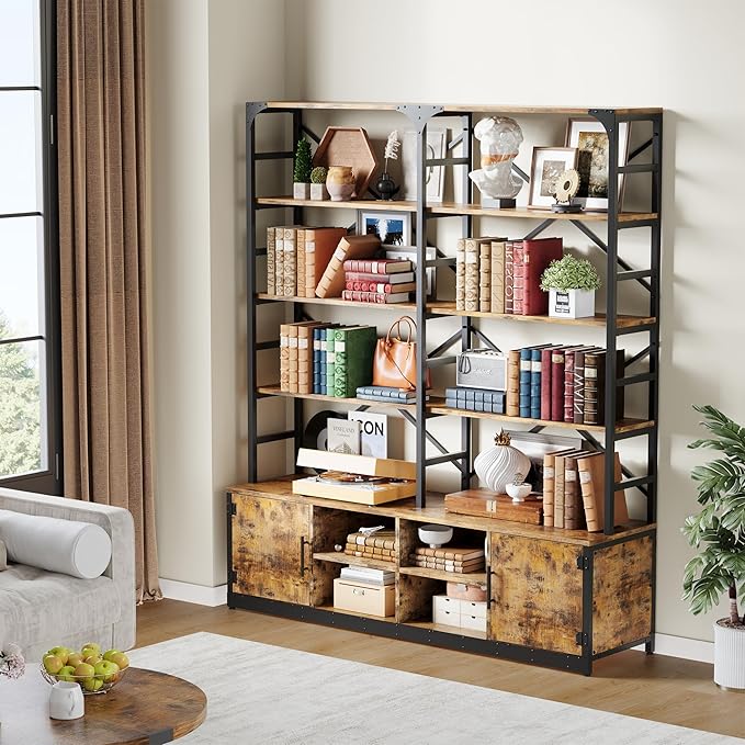 IRONCK Bookshelves 6 Tiers 73.1 inch Tall Industrial Bookshelf with Doors, Bookcase and Display Shelf, Open Storage Cabinet for Living Room, Home Office