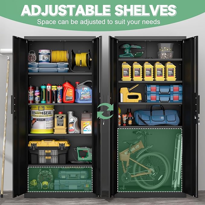 Metal Garage Storage Cabinets, 71" H Black Storage Cabinet for Basement, Heavy Duty Organizer with Adjustable Shelves, Locking Cabinet with 2 Keys, Tall Garage Organizer for Tools