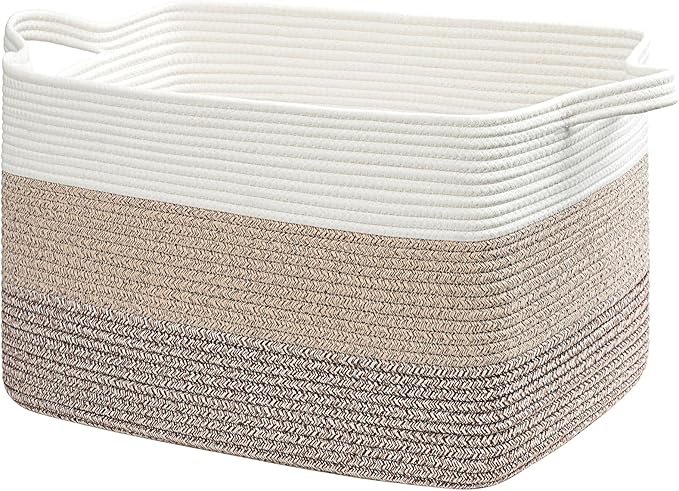 Goodpick Large Woven Blanket Basket 23.6" x 15.7" x 13.8" Cotton Rope Storage Organizer for Dirty Clothes Pillows, Soft Toy Storage Basket for Nursery Home Decor, White & Light Brown