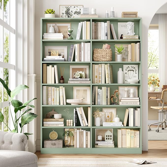 FACBOTALL Bookshelf and Bookcase, 6-Tier Double Wide Bookshelves, Freestanding Display Storage Shelves, Tall Bookcases for Home Decor Bedroom, Living Room, Home Office, Green