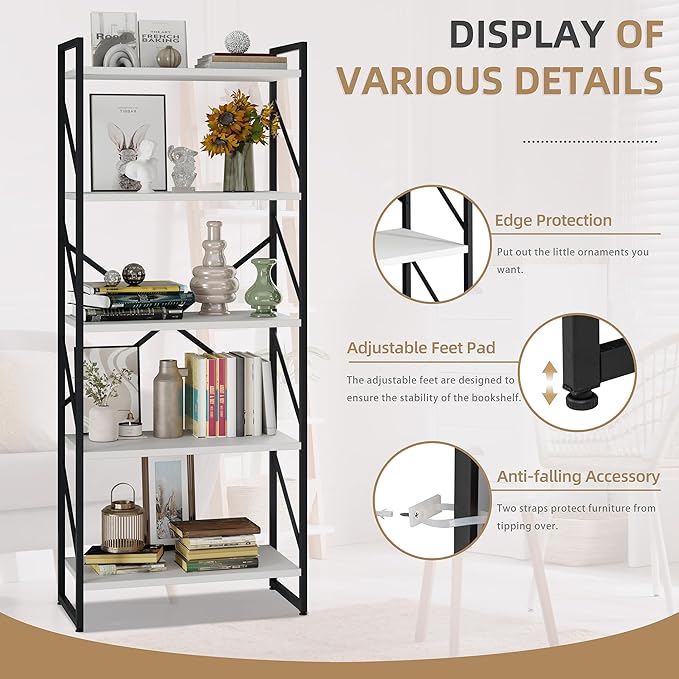 Vongrasig 5 Tier Bookshelf, Modern Tall Bookcase, Industrial Book Shelves Display Standing Shelf, Free Standing Storage Organizer for Bedroom, Living Room, White