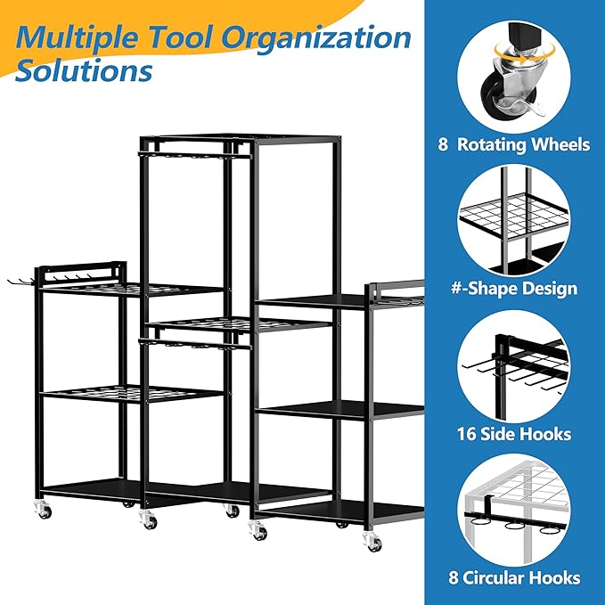 ROGMARS Garden Tool Organizer with Wheels for Garage,49" Heavy Duty 3 Tier Yard Tool Holder Storage Rack with Large Hooks for Shed/Yard/Broom/Lawn/Long-Handled Garden Cart