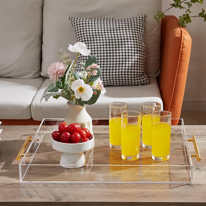 Extra Large Clear Acrylic Serving Tray (18×18 Inches) with Gold Handles Spill Proof Acrylic Over Size Big Decorative Tray Organiser for Ottoman Coffee Table Countertop