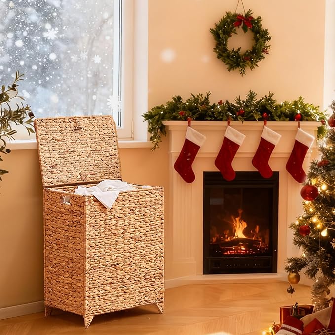 Large Laundry Hamper with Lid, Handwoven Hyacinth Rattan Clothes Hamper with Removable Liner Bag, Heightened Feet Wicker Laundry Basket for Bathroom, Bedroom, Living Room and Laundry