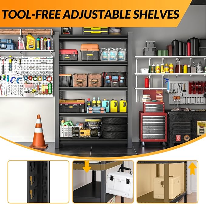 BESFUR 5-Tier Garage Storage Shelves, Heavy Duty Metal Storage Shelving, Adjustable Matal Shelving Unit, 3000 lbs Capacity, for Warehouse Garage Basement, 16"*36"*71", Black