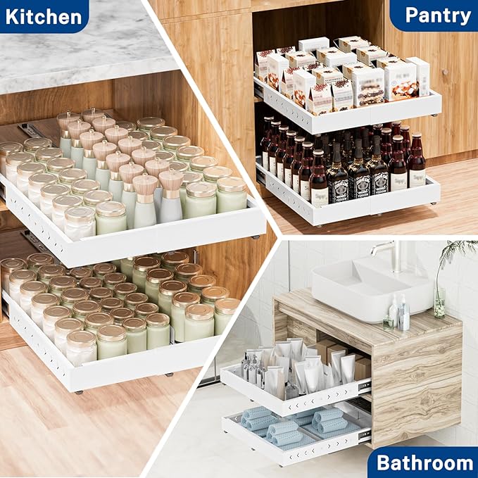 Insputer Pull Out Cabinet Organizer Expandable (12.4"-20.08") W & (16.26"-22.44") D, Slide Out Drawers for Kitchen, Pantry with 2Pcs Magnetic Panel, 3 Slide Rails, No Drill Adhesive Roll Out Shelf
