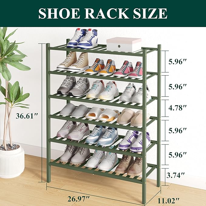 Smiry Bamboo Shoe Rack for Closet, 6 Tier Wooden Stackable Shoe Organizer, Free Standing Shoes Storage Shelf for Entryway, Front Door Entrance, Green