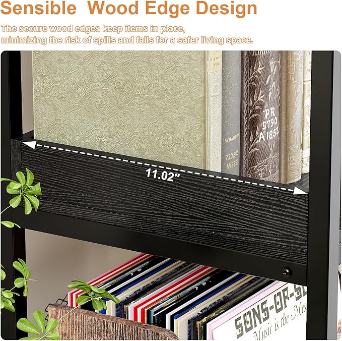 KOUSEI 5-Tier Corner Bookshelf, Reversible L-Shaped Bookcase with 4 Hooks, 65" Industrial Wood & Metal Storage Shelf for Living Room, Home Office & Bedroom, Black