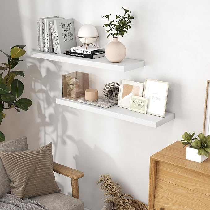 Fun Memories 40 Inch Floating Shelves White, 40" W x 9.3" D Floating Shelf Set of 2, Farmhouse Wood Wall Shelves for Bedroom, Kitchen, Wall Mounted Deep Shelving for Home Decor