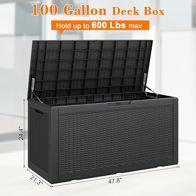 100 Gallon Outdoor Storage Box Waterproof, Resin Deck Box Doubles as 2-Person Bench Seat, Lockable Patio Storage Boxes Outdoor Waterproof for Furniture, Gardening Tools, Black