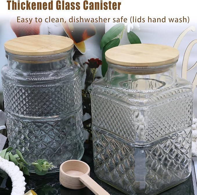 Viovian 1 Gallon Glass Jar with Lid Spoon 120 OZ Square Wide Mouth Glass Storage Jars Airtight Large Vintage Canister Container for Candy Cookie Sugar Coffee Tea Nuts Flour Dog Treat Laundry Pods