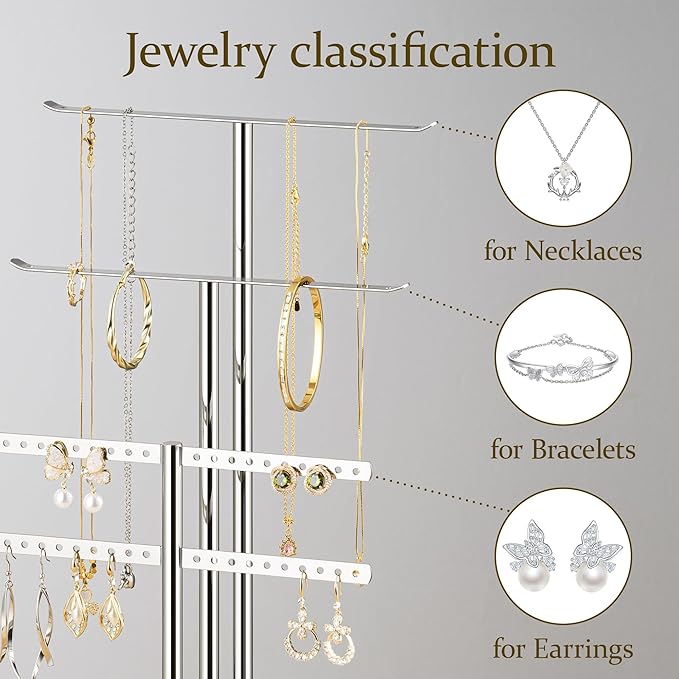 pickpiff Silver Jewelry Stand Holder Organizer: 14.5" Sturdy Hanger for 80 Pcs Jewelry, Chrome Jewlery Tower for Display Necklace, Earring, Bracelet, Watch