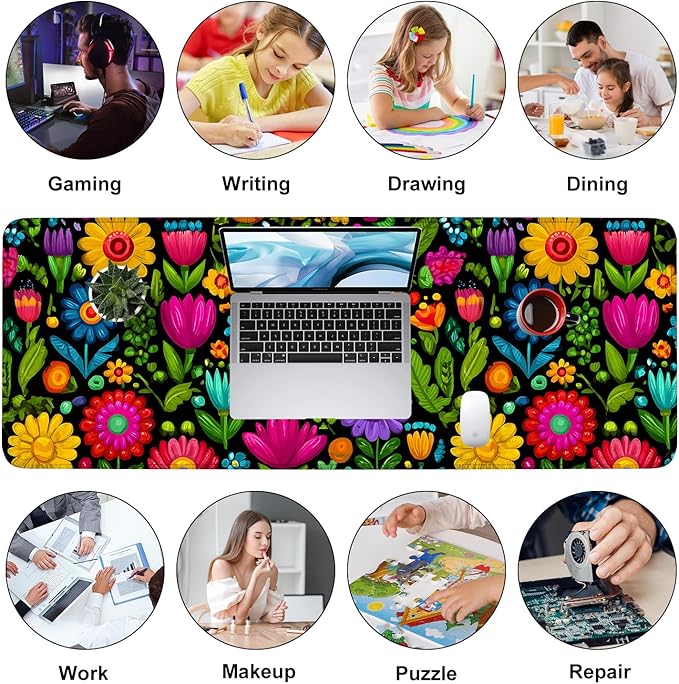 Folk Art Floral Mouse Pad – Large Extended Desk Mat 31.5 x 11.8 in– Colorful Boho Flowers on Black Background, Waterproof Surface, Non-Slip Rubber Base, Oversized Mouse & Keyboard Pad