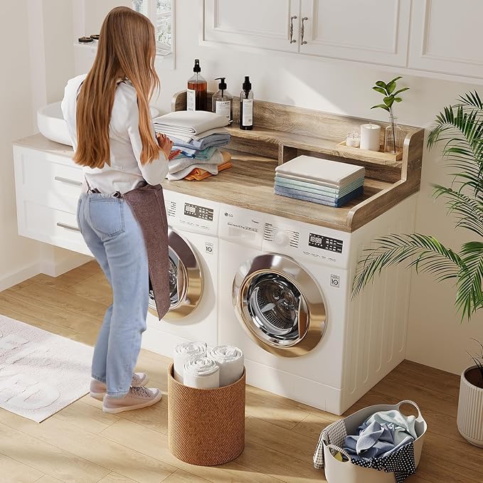 2-Tier Washer Dryer Countertop with 2.75" H Edge Rails, 54" W x 27.55" D Laundry Countertop for Folding Clothes, Washer and Dryer Topper with Non-Slip Pad (White Oak)