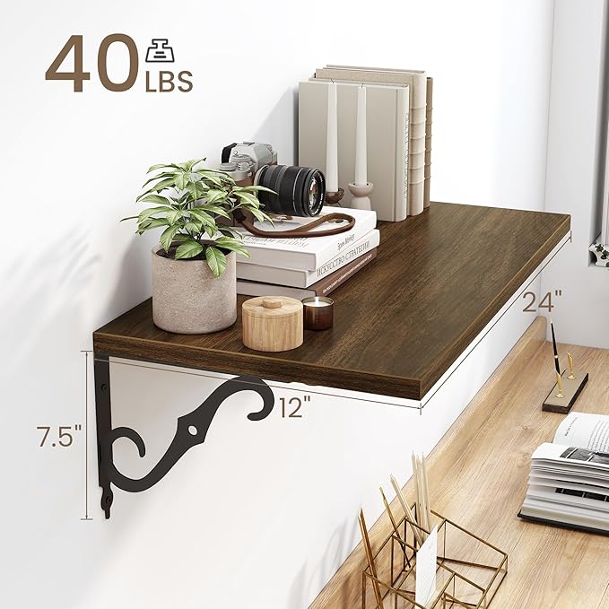 Floating Shelves for Wall, 24"W x 12"D Wall Shelves, 12 Inch Deep Floating Shelf with Bracket, 24 Inch Floating Shelves for Living Room and Bathroom, Display & Storage Shelves, Walnut, Set of 2