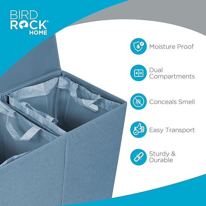 BIRDROCK HOME Laundry Hamper with Lid | Removable Bags for Sorting Clothes | Sectioned Laundry Basket for Bedroom & Bathroom | Collapsible Storage Bin with Cover | Double, Light Blue